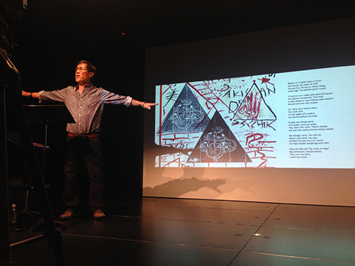 Russell Leong performs MOTHSUTRA: a visual poetry reading, at Black Box Theatre, The University of Hong Kong, 23 November 2015